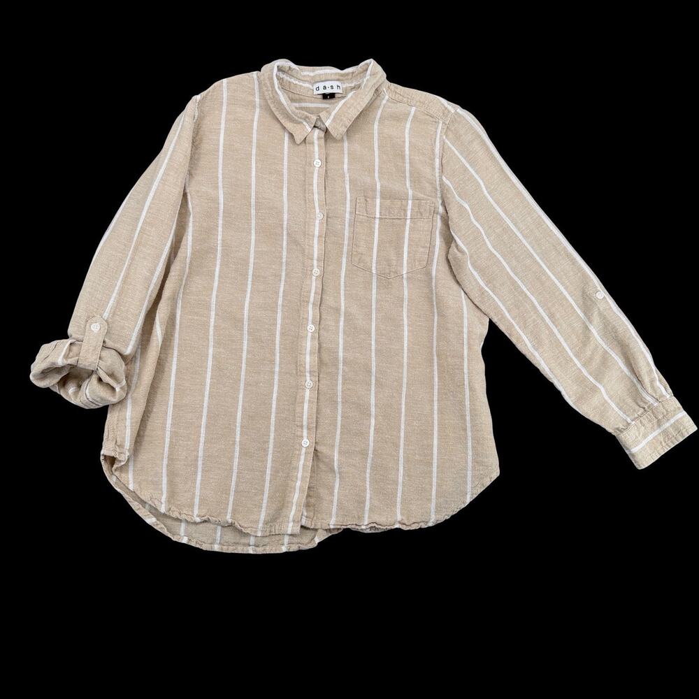 Dash Womens Linen Blend Striped Button Up Shirt Beige White Roll Tab Sz L